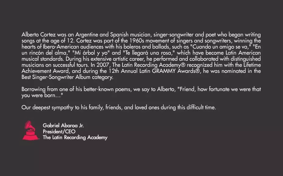THE LATIN RECORDING ACADEMY® RE: ALBERTO CORTEZ
