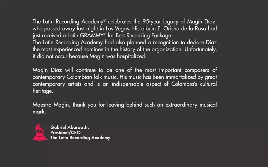 The Latin Recording Academy Statement Re: Magín Díaz