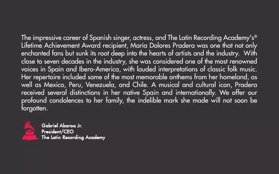 The Latin Recording Academy® Statement Re: María Dolores Pradera