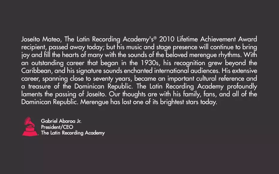 The Latin Recording Academy® Statement Re: Joseíto Mateo