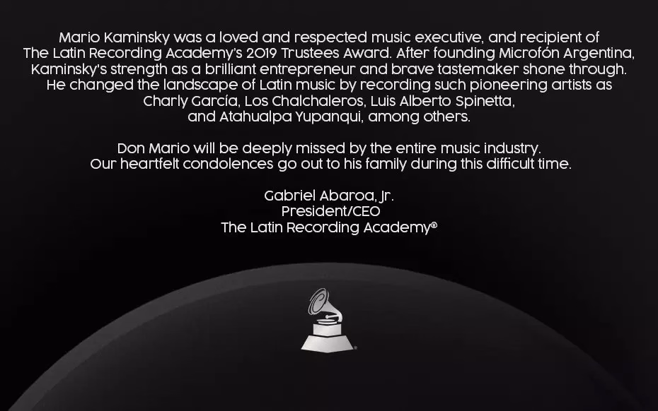 The Latin Recording Academy® statement about Mario Kaminsky