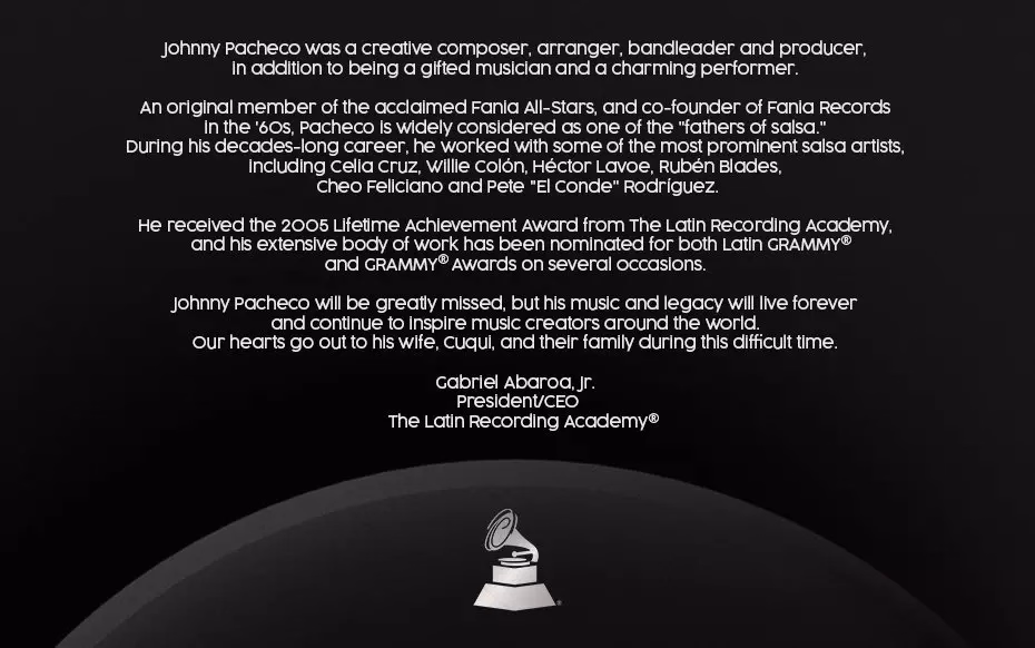 The Latin Recording Academy® statement about Johnny Pacheco